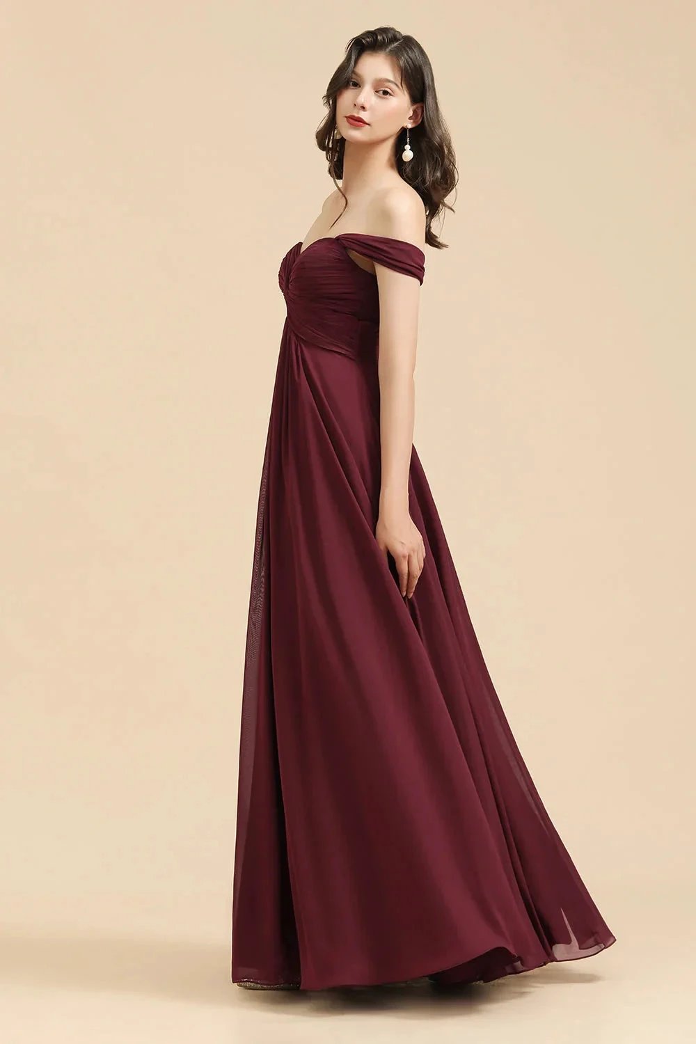 New Arrival A-line Off-the-shoulder Sweetheart Burgundy Long Bridesmaid Dress (ZD12876)