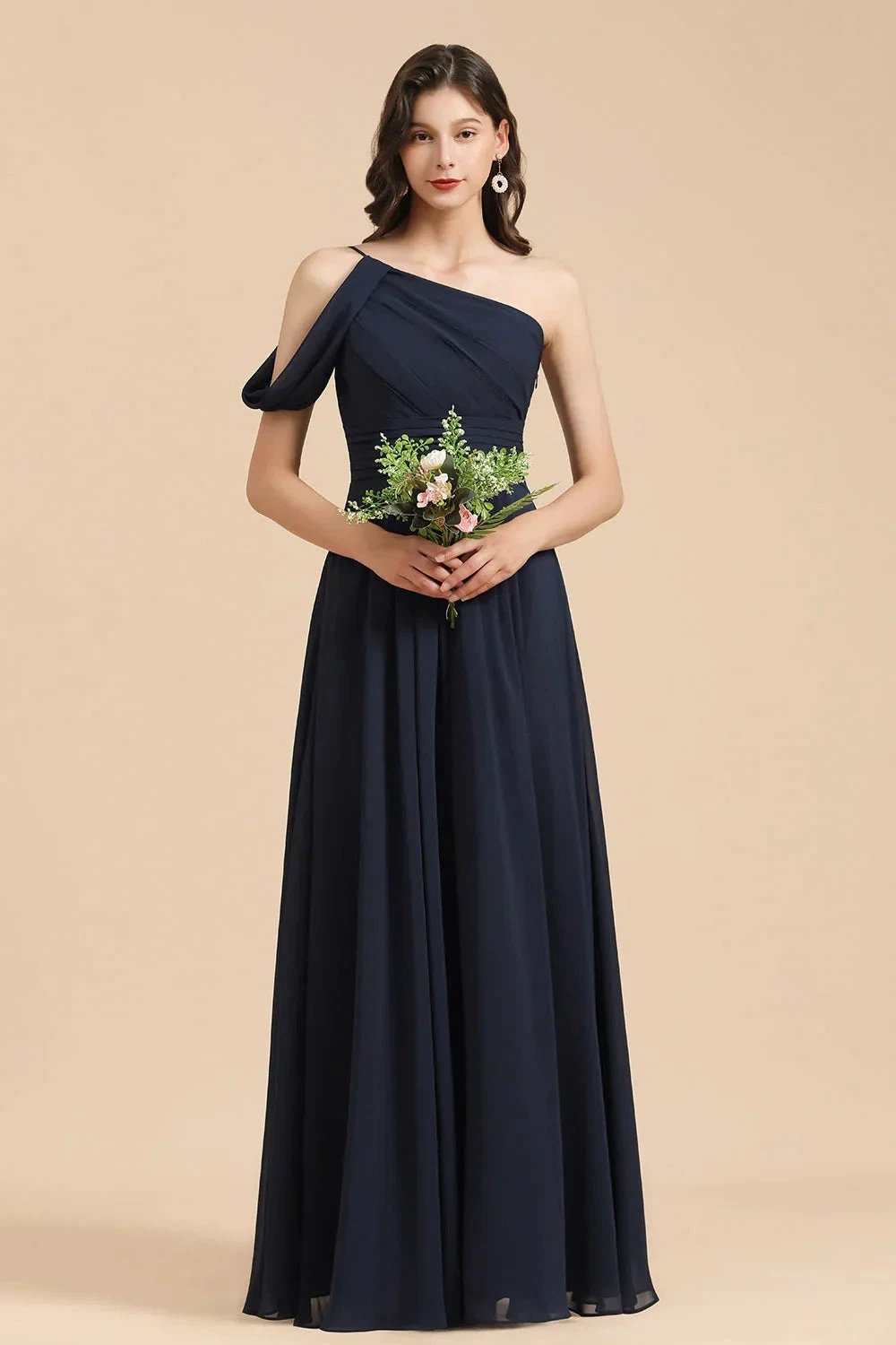 New Arrival Black One Shoulder A-line Long Bridesmaid Dress (ZD12877)