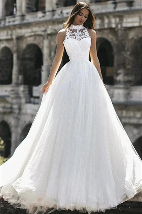 New Arrival High Neck Sleeveless Appliques Wedding Dress (ZD13844)