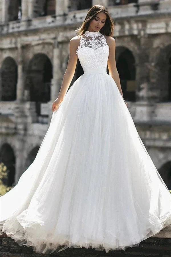 New Arrival High Neck Sleeveless Appliques Wedding Dress (ZD13844)