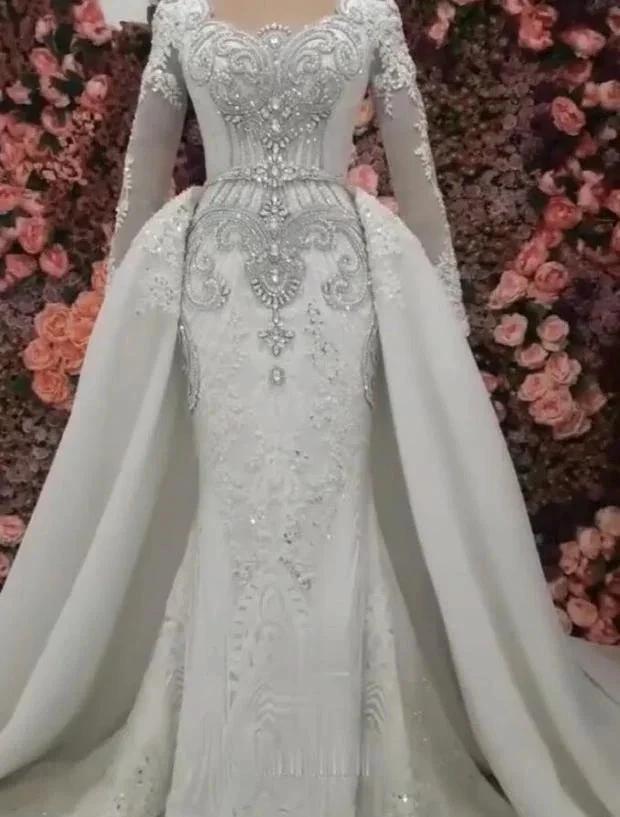 New Arrival Long Sleeves Mermaid Wedding Dress with Overskirt (ZD16604)