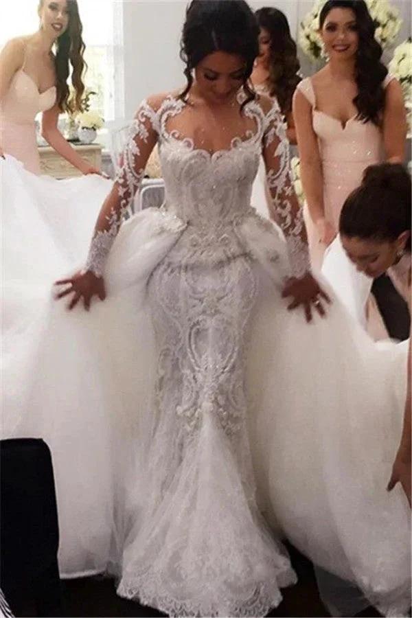 New Arrival Long Sleeves Sheath Wedding Dress s Bridal Wears with Detachable Train (ZD16436)