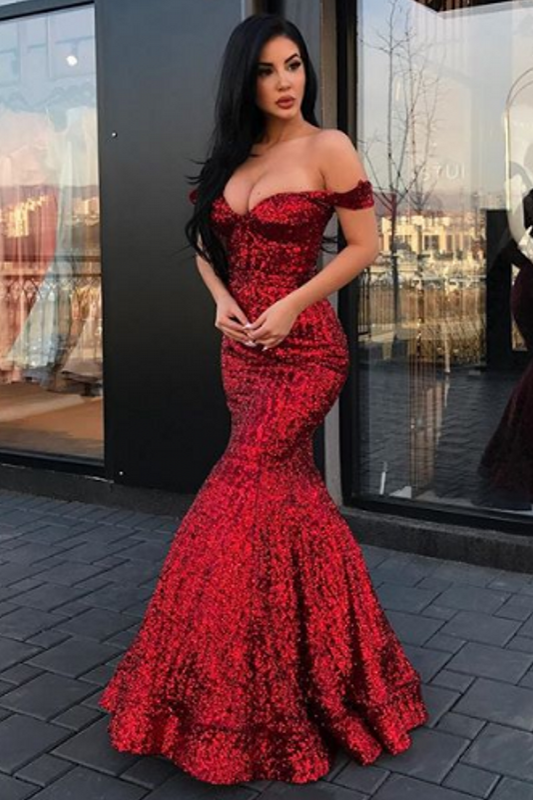 New Arrival Mermaid Charming Sequined Evening Dresses Off-The-Shoulder Floor-Length Prom Dresses