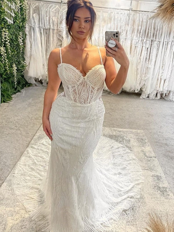 Spaghetti Straps Beaded Lace Sweetheart Mermaid Wedding Dress With Train