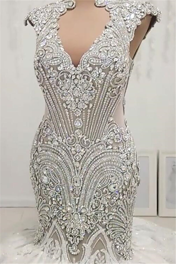 New Arrival V-Neck Cap Sleeve Beads Crystals Mermaid Wedding Dress Lace Applique