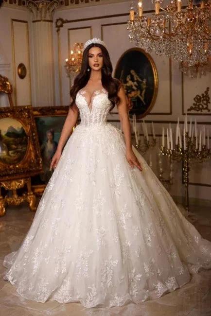 New Elegant Long A-line V-neck Sleeveless Wedding Dresses With Lace (ZD14986)