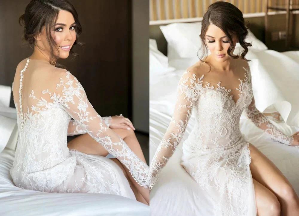New Full Lace Split Wedding Dress Illusion Back Bridal Wears with Detachable Skirt (ZD13848)