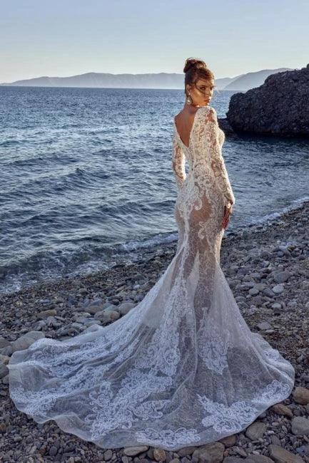 New Long Mermaid Lace Wedding Dresses With Long Sleeves (ZD14615)