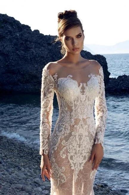 New Long Mermaid Lace Wedding Dresses With Long Sleeves (ZD14615)