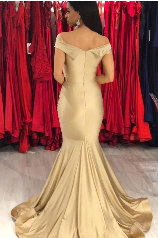New Off-the-Shoulder Stretch Satin Plicated V-Neck Floor-Length Prom Dresses Mermaid Sleeveless Champagne Evening Gowns