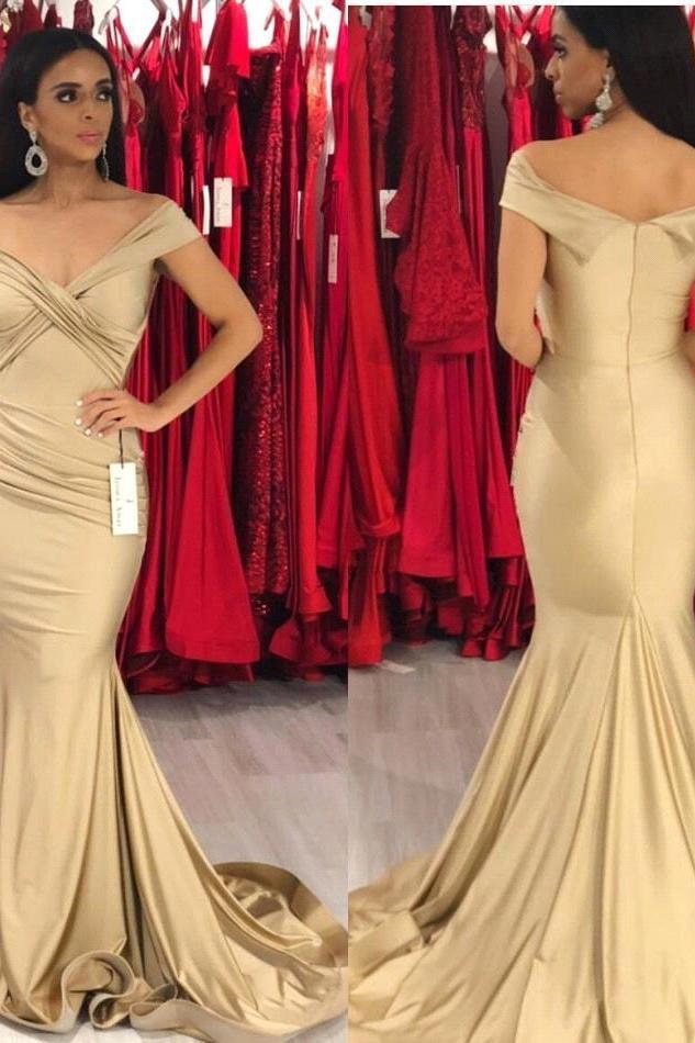 New Off-the-Shoulder Stretch Satin Plicated V-Neck Floor-Length Prom Dresses Mermaid Sleeveless Champagne Evening Gowns