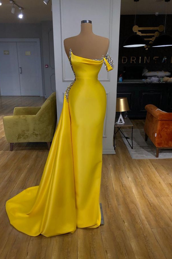 New One-Shoulder Bright Yellow Mentallic Sequins Overskirt Prom Dress