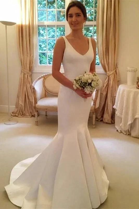 Newest Pretty Mermaid V-neck Sleeveless Simple Backless Elegant Wedding Dresses (ZD14725)