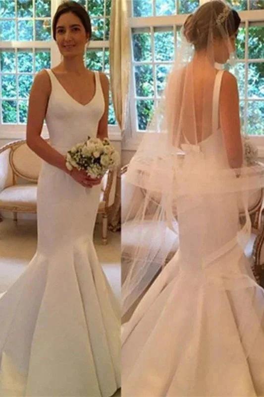 Newest Pretty Mermaid V-neck Sleeveless Simple Backless Elegant Wedding Dresses (ZD14725)