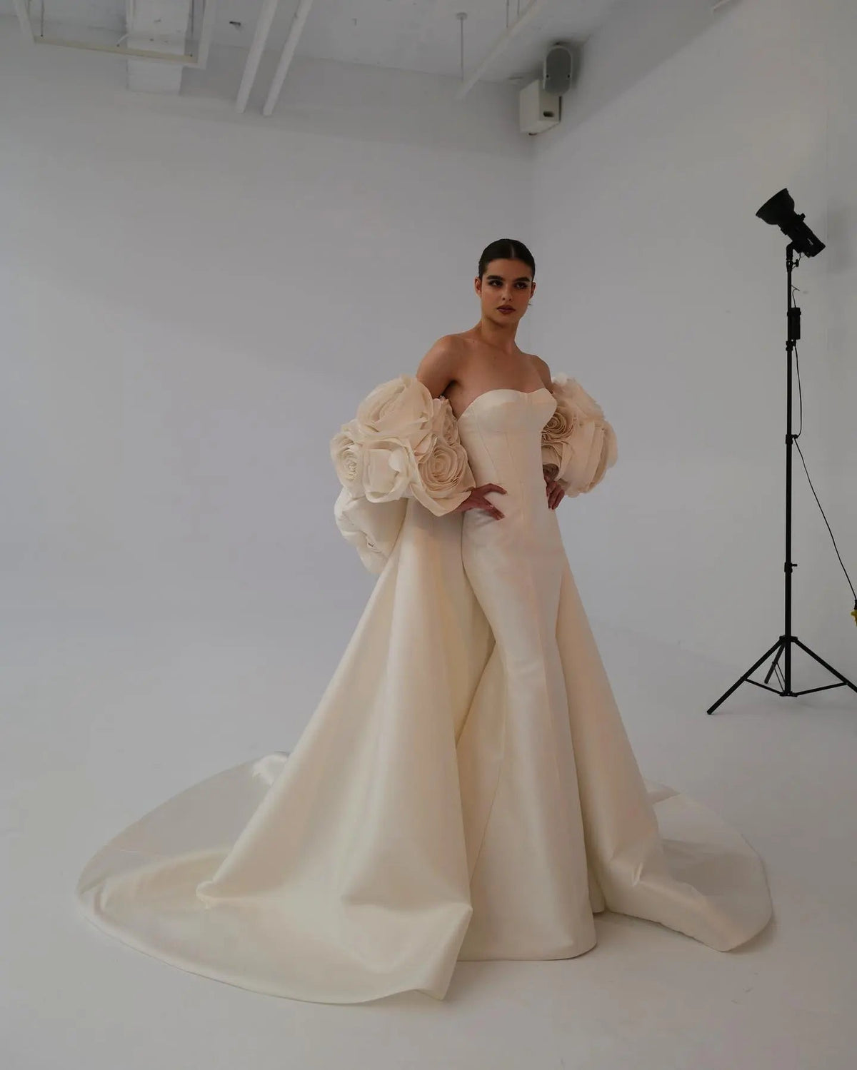 Ivory  Satin Mermaid Wedding Dress 3D Giant Rose Floral With Veil  ZP034