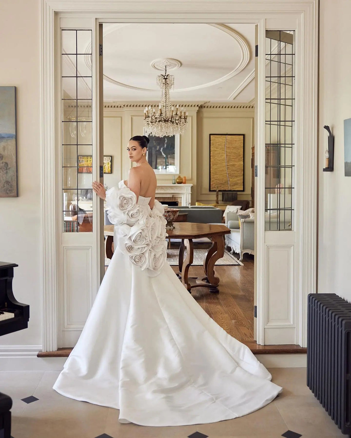 Ivory  Satin Mermaid Wedding Dress 3D Giant Rose Floral With Veil  ZP034