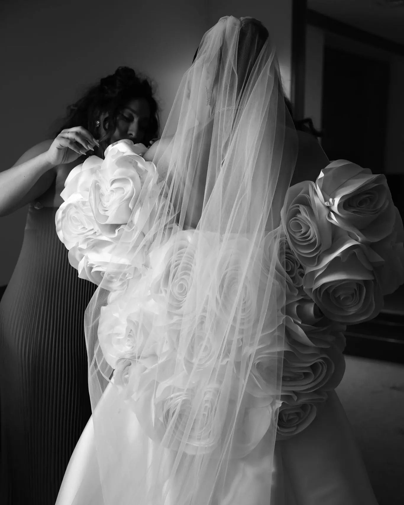 Ivory  Satin Mermaid Wedding Dress 3D Giant Rose Floral With Veil  ZP034