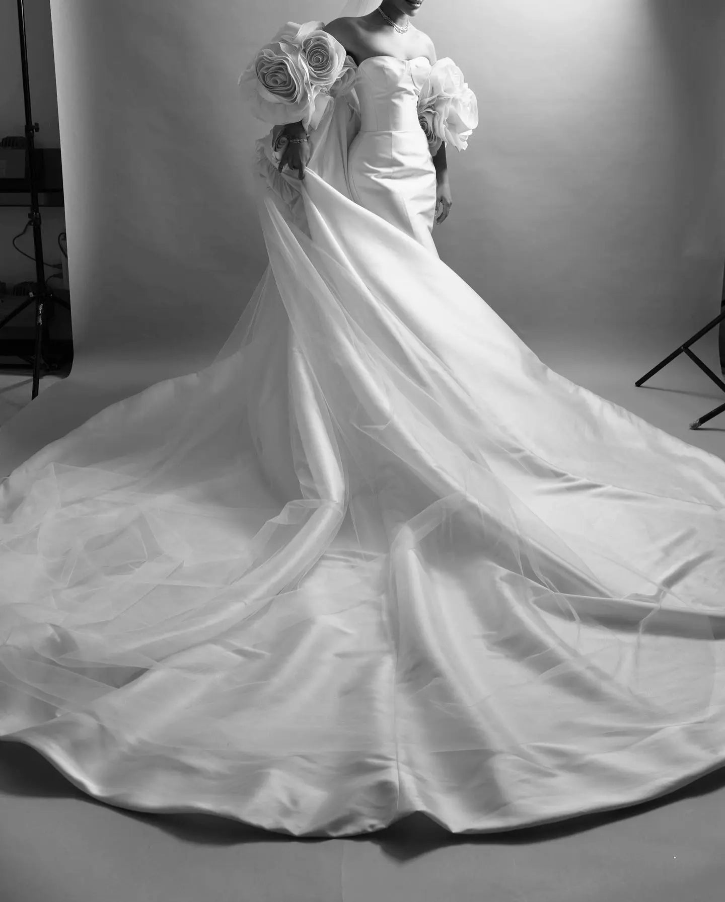 Ivory  Satin Mermaid Wedding Dress 3D Giant Rose Floral With Veil  ZP034