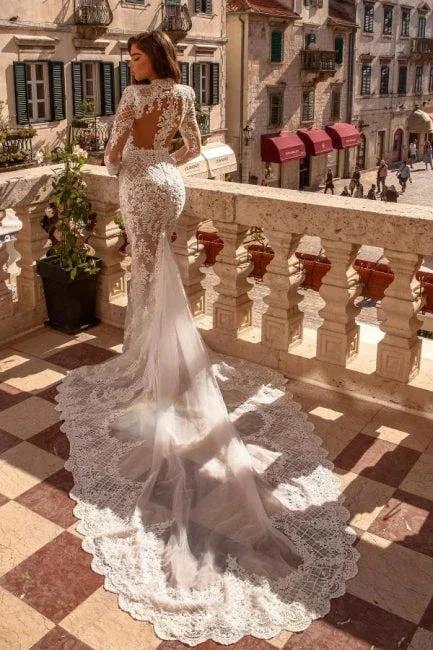 Noble highneck longsleeves mermaid lace Wedding dresses (ZD14878)
