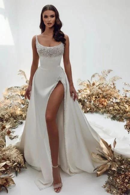 Noble square sleeveless a-line satin Wedding dress with pearls (ZD14846)