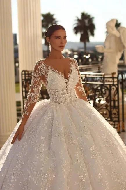 Noble sweetheart 3/4 length sleeves ball gown lace wedding dress rhinestones (ZD14868)