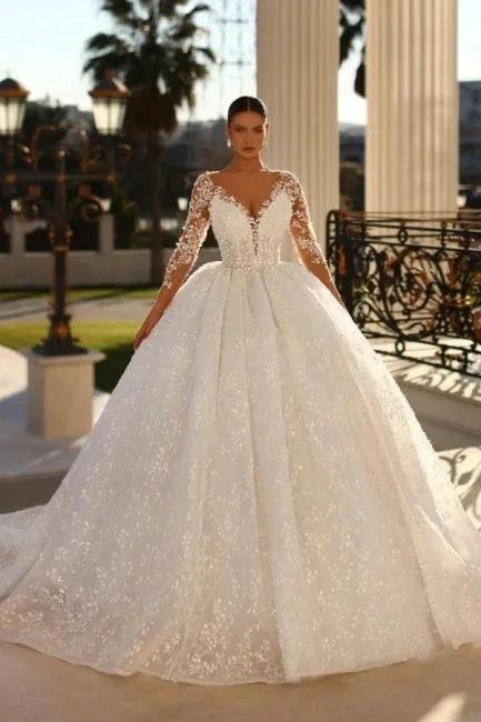 Noble sweetheart 3/4 length sleeves ball gown lace wedding dress rhinestones (ZD14868)