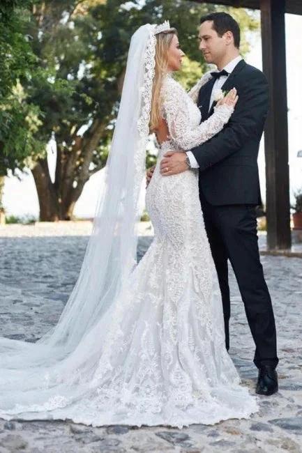 Noble vneck longsleeves mermaid lace Wedding dresses (ZD14879)