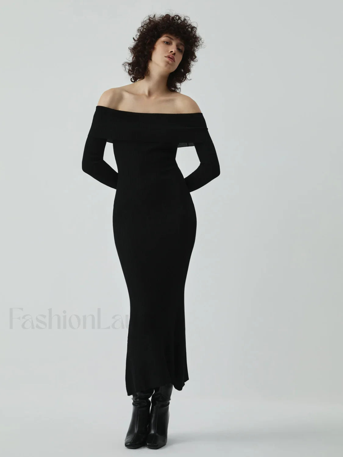 Nostalgia Off Shoulder Long Modern Sleeve Long Sweater Dress Black / XS Sweaters L