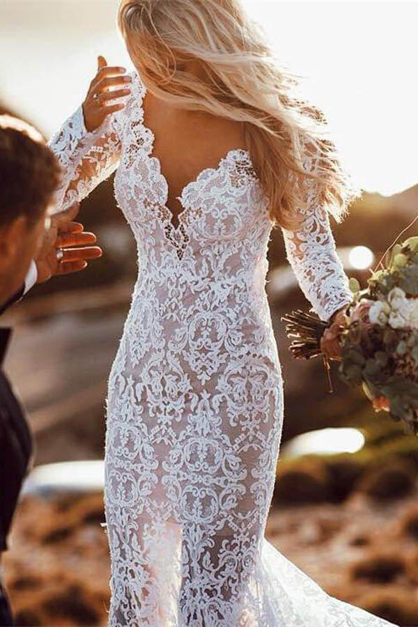 Charming Long Sleeve See Through Lace Rustic Mermaid Wedding Dress MW266 - View 3 | VelvetHem
