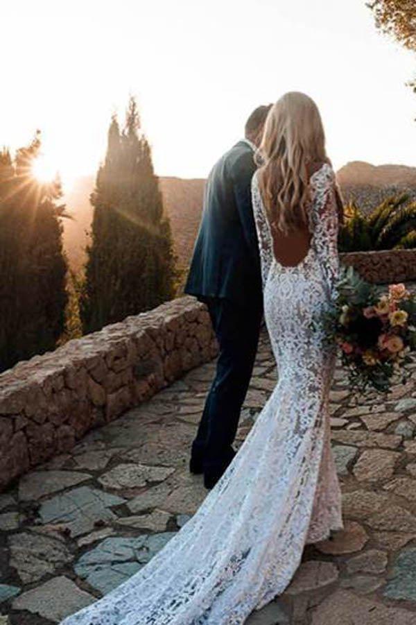 Charming Long Sleeve See Through Lace Rustic Mermaid Wedding Dress MW266 - View 2 | VelvetHem