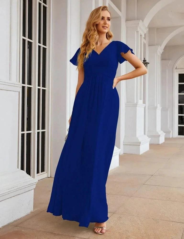 Numbersea Chiffon Bridesmaid Dress Cap Sleeves Maxi Prom Gowns Party Wedding Mother of The Bride Dresses for Women SEA28047 by numbersea