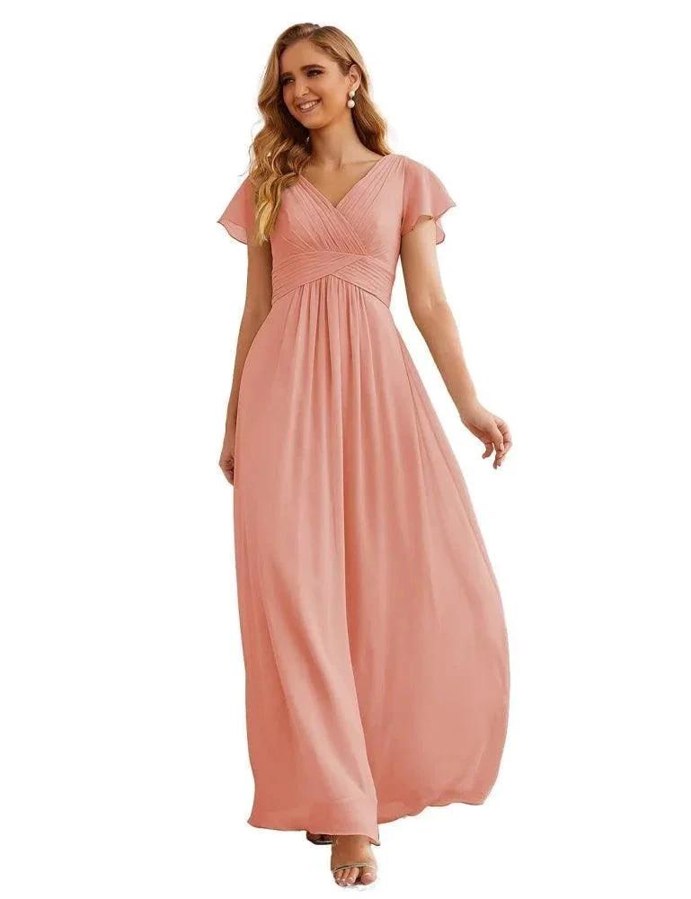 Numbersea Chiffon Bridesmaid Dress Cap Sleeves Maxi Prom Gowns Party Wedding Mother of The Bride Dresses for Women SEA28047 by numbersea