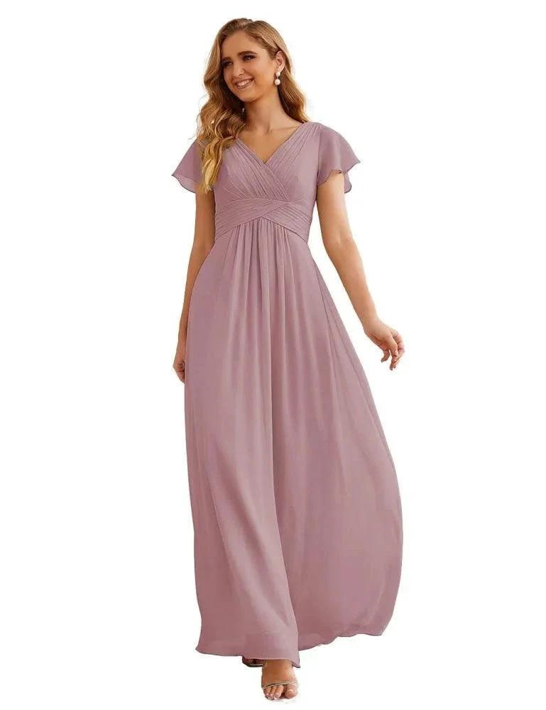 Numbersea Chiffon Bridesmaid Dress Cap Sleeves Maxi Prom Gowns Party Wedding Mother of The Bride Dresses for Women SEA28047 by numbersea