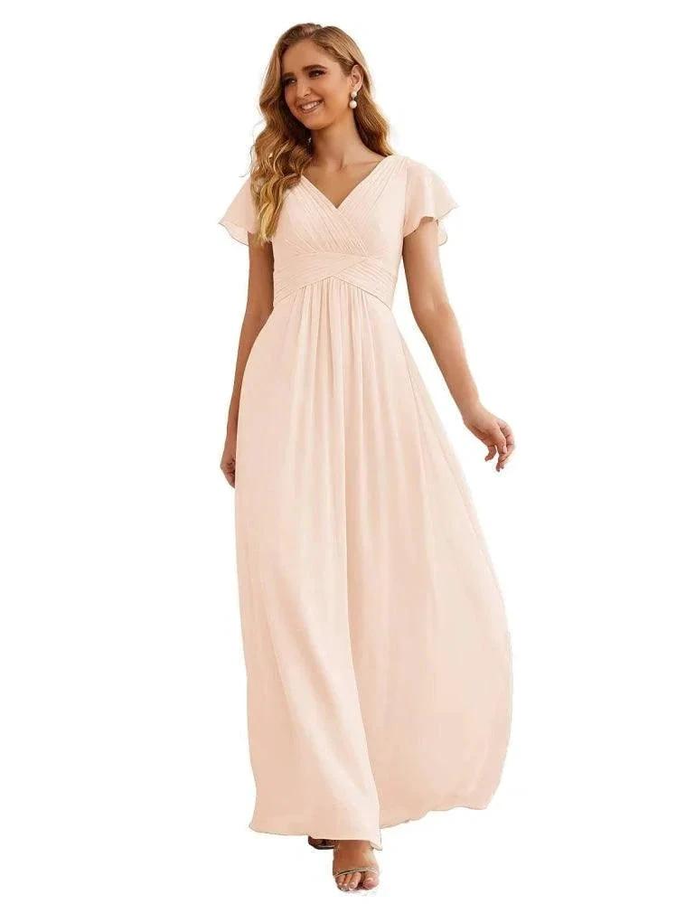 Numbersea Chiffon Bridesmaid Dress Cap Sleeves Maxi Prom Gowns Party Wedding Mother of The Bride Dresses for Women SEA28047 by numbersea