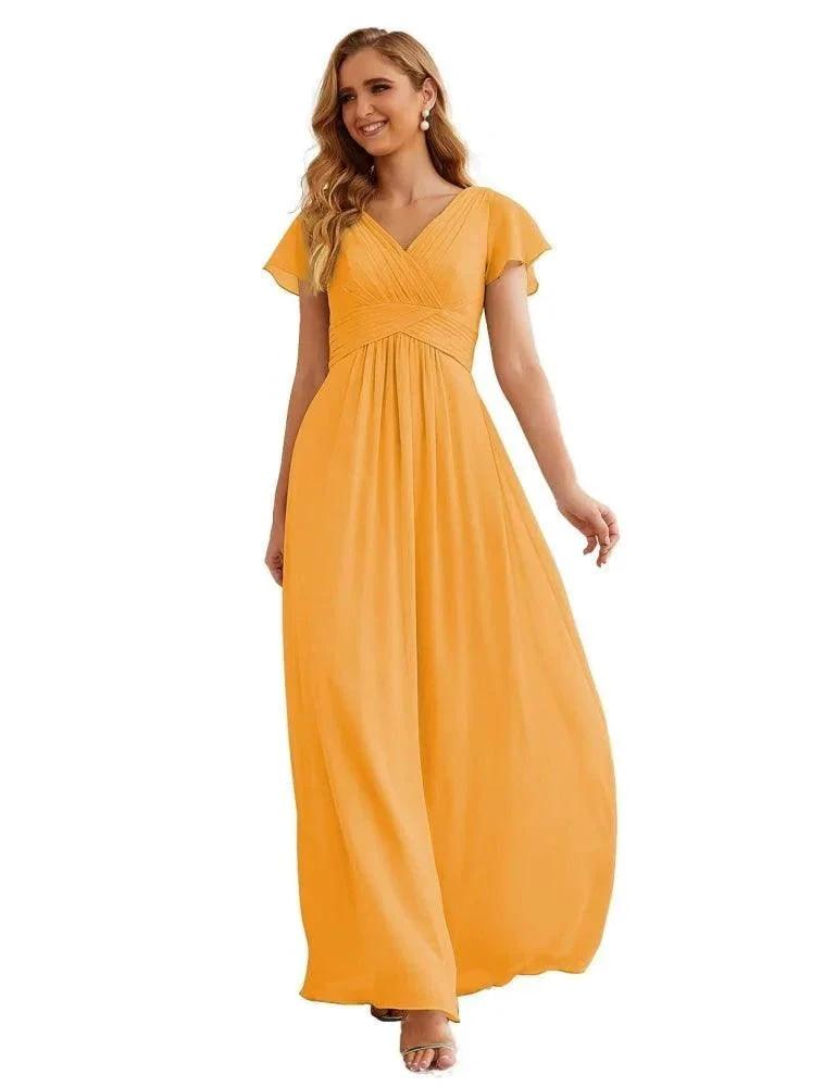 Numbersea Chiffon Bridesmaid Dress Cap Sleeves Maxi Prom Gowns Party Wedding Mother of The Bride Dresses for Women SEA28047 by numbersea