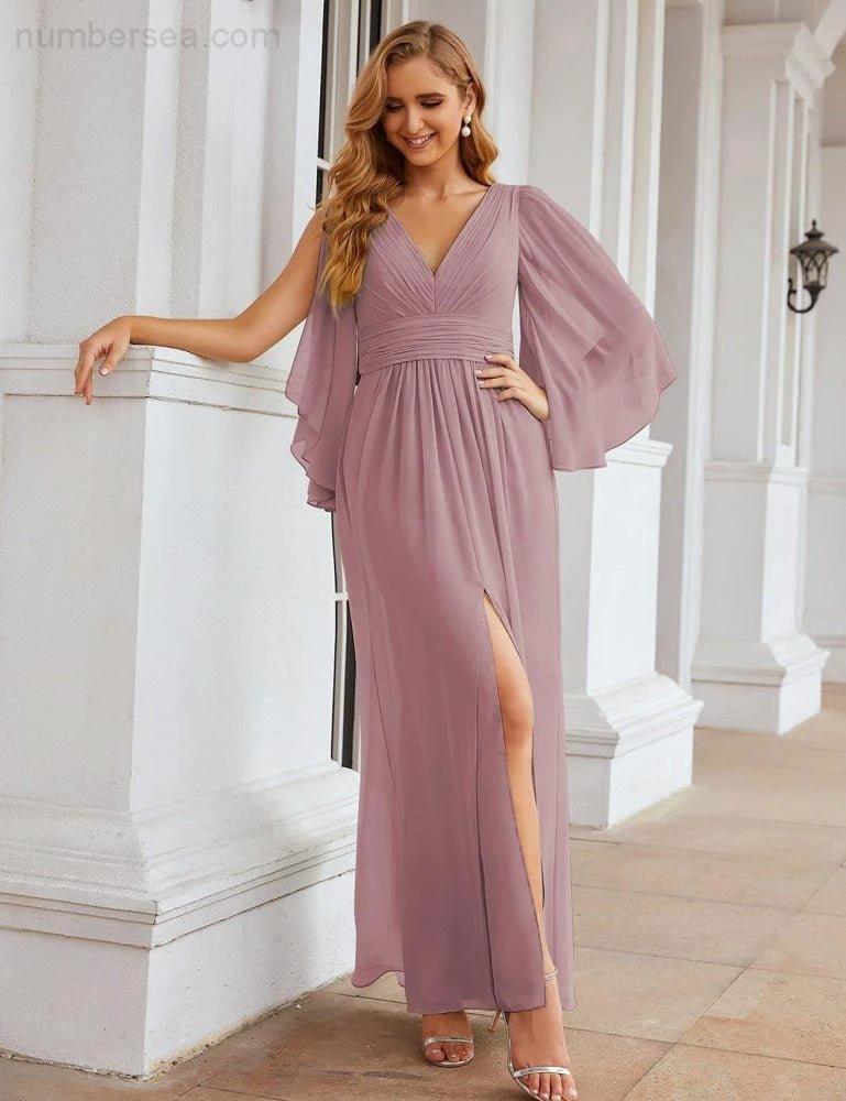 ZapDress Chiffon Bridesmaid Dresses with Split for Women Wedding Long Party Prom Gown Flutter Sleeve (ZD17034)