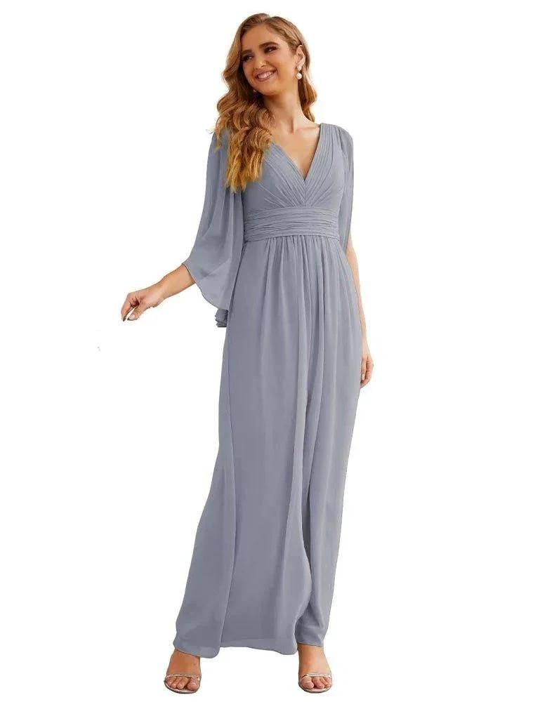 Numbersea Chiffon Bridesmaid Dresses with Split for Women Wedding Long Party Prom Gown Flutter Sleeve SEA28045 by numbersea