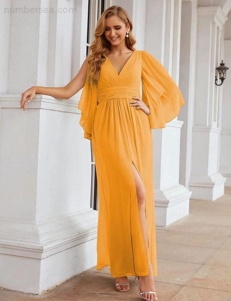 ZapDress Chiffon Bridesmaid Dresses with Split for Women Wedding Long Party Prom Gown Flutter Sleeve (ZD17034)