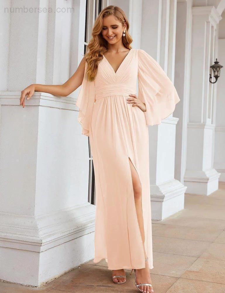 ZapDress Chiffon Bridesmaid Dresses with Split for Women Wedding Long Party Prom Gown Flutter Sleeve (ZD17034)
