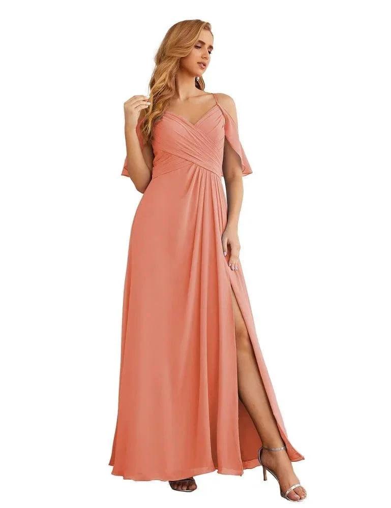 Numbersea Chiffon Cold Shoulder Long Bridesmaid Dresses Plus Size Formal Prom Gowns for Women Party Wedding SEA28070 by numbersea
