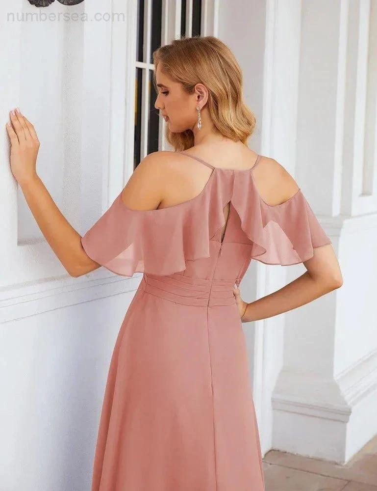 ZapDress Chiffon Cold Shoulder Long Bridesmaid Dresses Plus Size Formal Prom Gowns for Women Party Wedding (ZD17005)