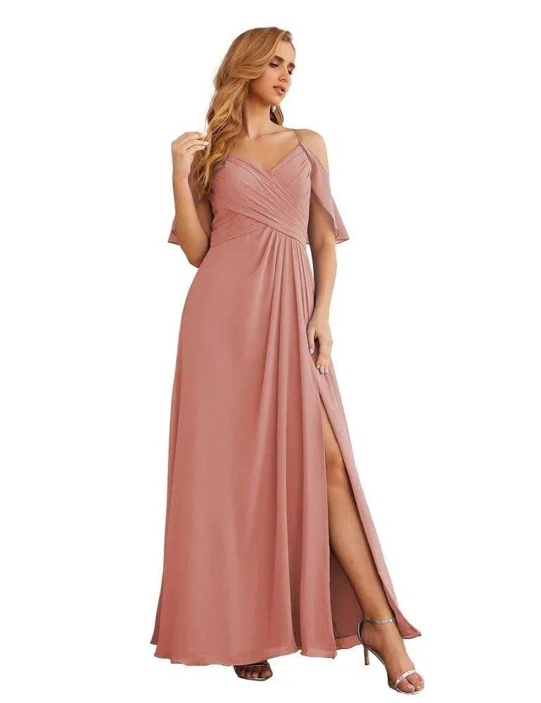 Numbersea Chiffon Cold Shoulder Long Bridesmaid Dresses Plus Size Formal Prom Gowns for Women Party Wedding SEA28070 by numbersea