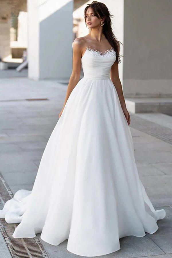 Glamorous Satin A-line Sweetheart Modest Wedding Dresses With Pearls MW1024 - VelvetHem