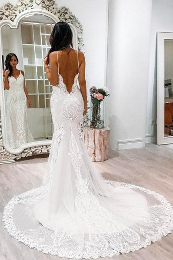 Gorgeous White Spaghetti Straps Lace Tulle Mermaid Court Train Wedding Dresses MW239 - VelvetHem