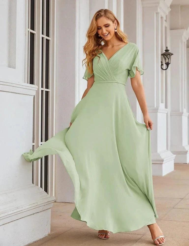 Numbersea Wrap V-Neck Chiffon Bridesmaid Dresses Long Formal Maxi Evening Gown for Wedding Guests SEA28049 by numbersea