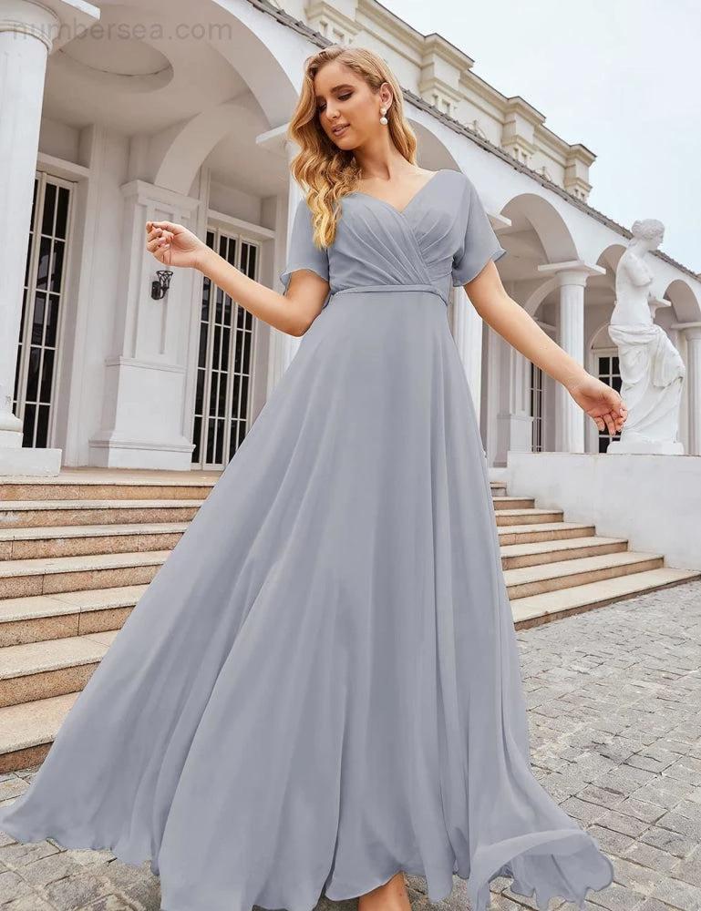 ZapDress Wrap V-Neck Chiffon Bridesmaid Dresses Long Formal Maxi Evening Gown for Wedding Guests (ZD17056)