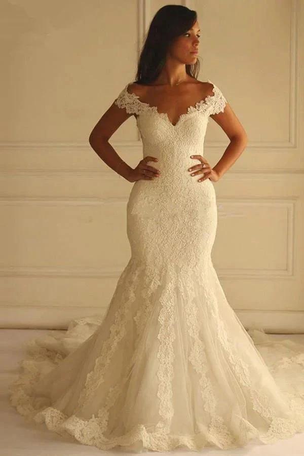 Off Shoulder Court Train Short Sleeves Mermaid Lace Wedding Dress (ZD16054) - VelvetHem