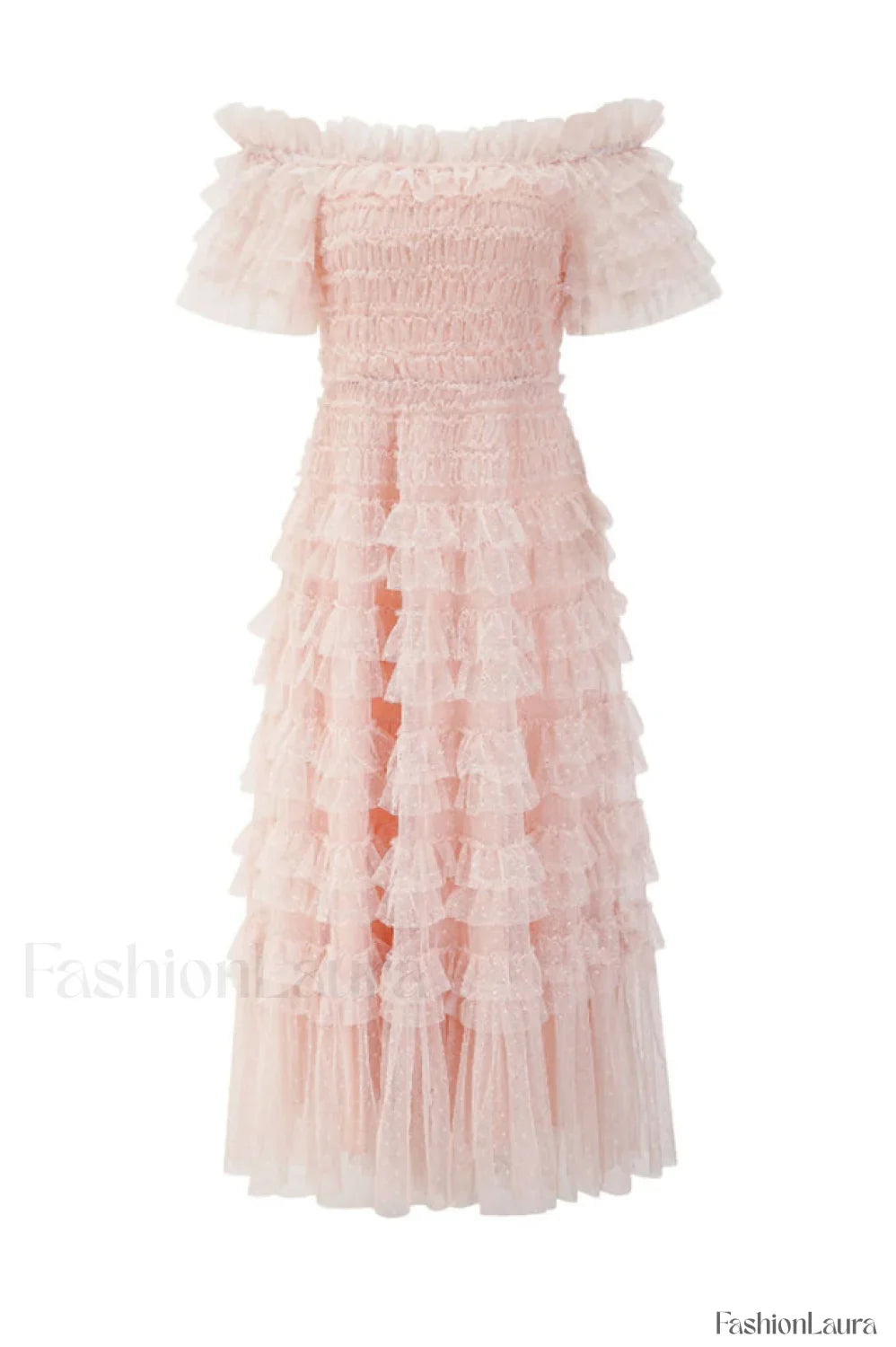 Off Shoulder Dotted Charming Tulle Maxi Dress