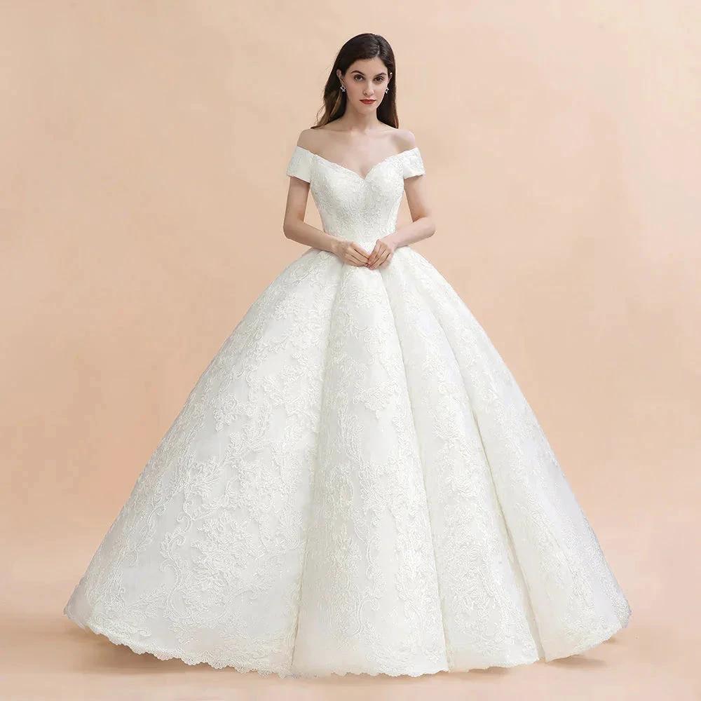 Off Shoulder Floor Length Bridal Gowns Lace Appliques Chapel Train Wedding Dress by misshow.com