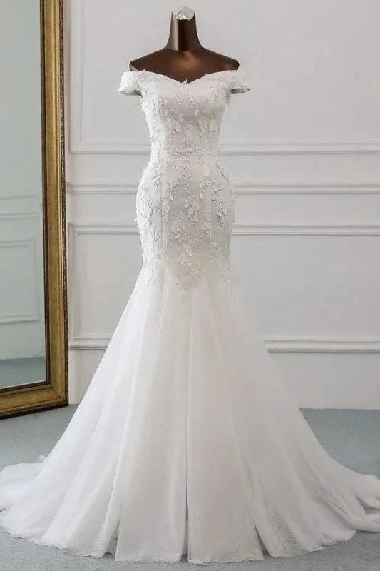Off Shoulder Lace-up Applique Pretty Mermaid Elegant Wedding Dresses (ZD14718)